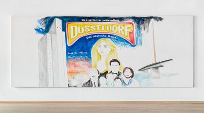 A painting on a white canvas shows multiple people. A blonde woman is in the foreground. Over their heads a line of text says: Düsseldorf - Das deutsche Dallas. It is reminscent of marketing campaign for a new tv series.